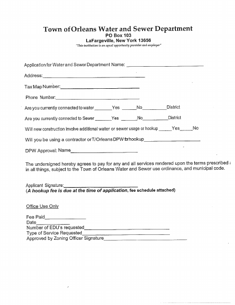 First page of the Application for Water and Sewer