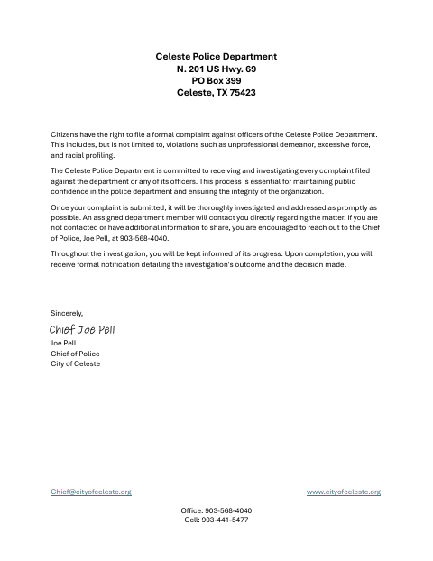 First page of the Police Department Compliment and Complaint Form