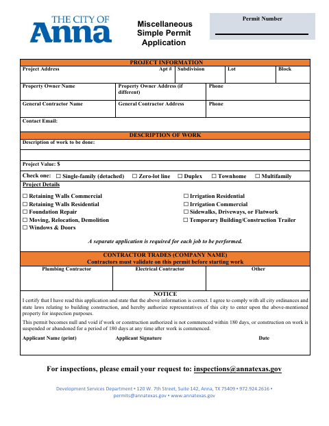First page of the Miscellaneous Simple Permit Application