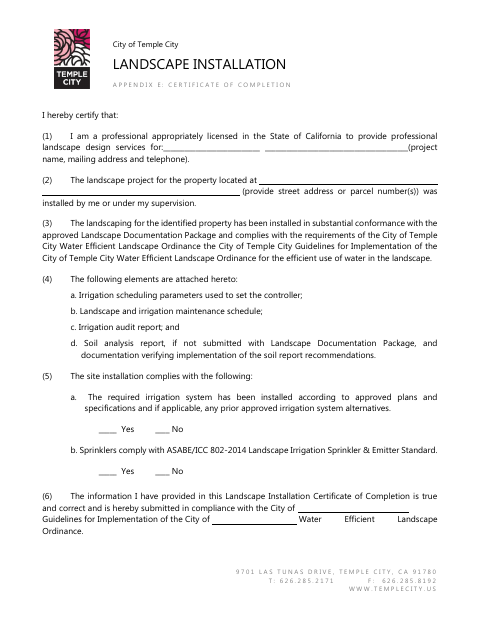 First page of the Landscape Installation Certificate of Completion