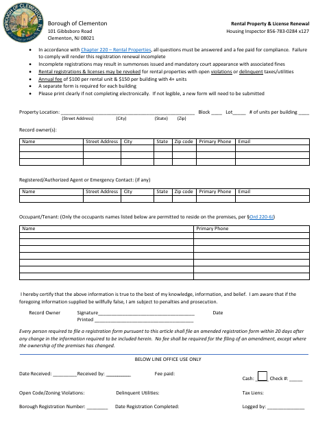 First page of the Rental Property & License Renewal
