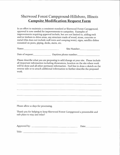 First page of the Campsite Modification Request Form