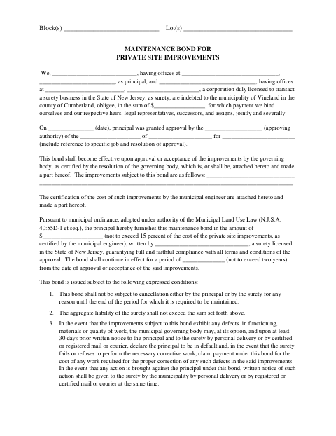 First page of the Maintenance Bond for Private Site Improvements