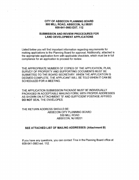 First page of the Planning Board Land Development Application