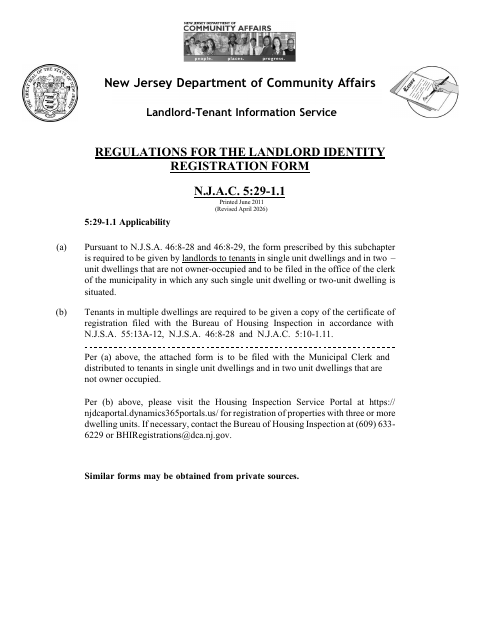 First page of the Landlord Identity Registration Statement for One- and Two-Unit Dwellings