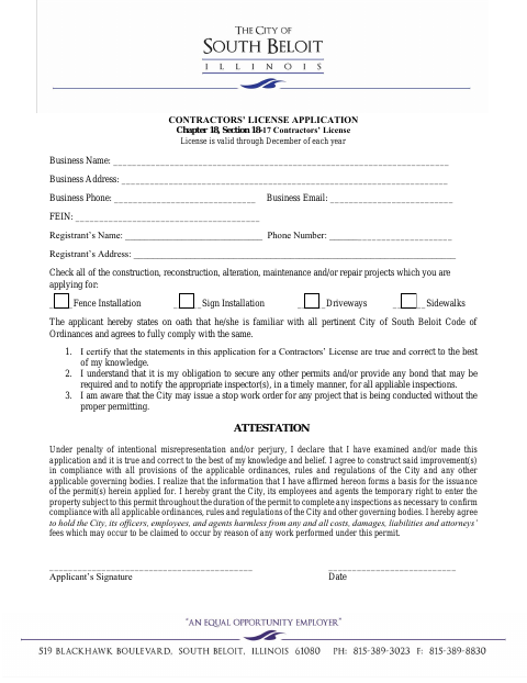 First page of the Contractors’ License Application