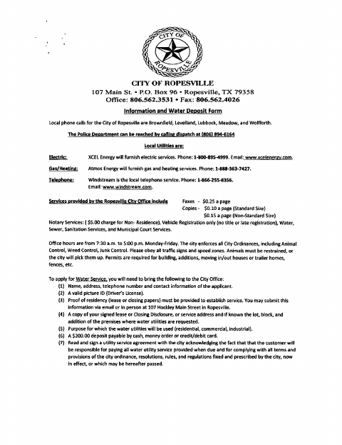 First page of the Information and Water Deposit Form