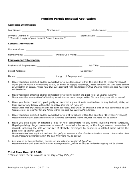 First page of the Pouring Permit Renewal Application