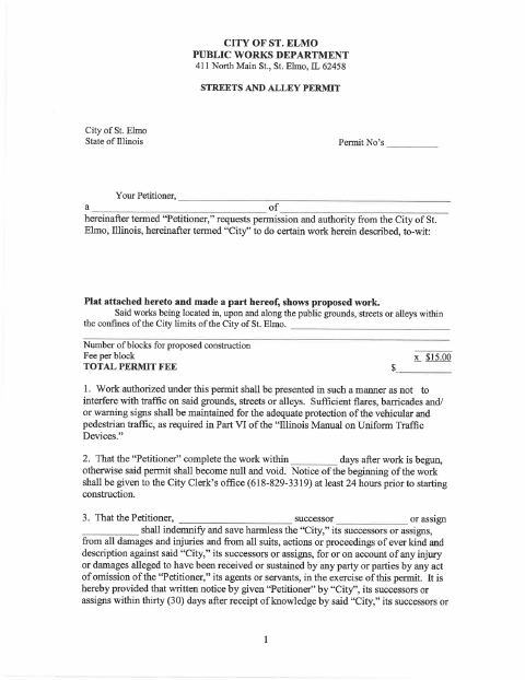 First page of the Streets and Alley Permit