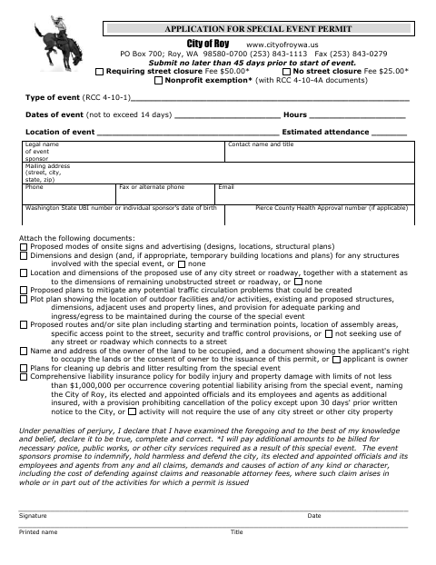 First page of the Special Event Permit Application