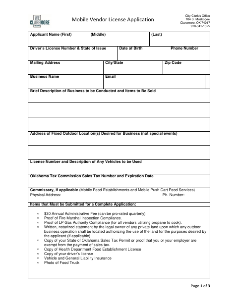First page of the Mobile Vendor License Application