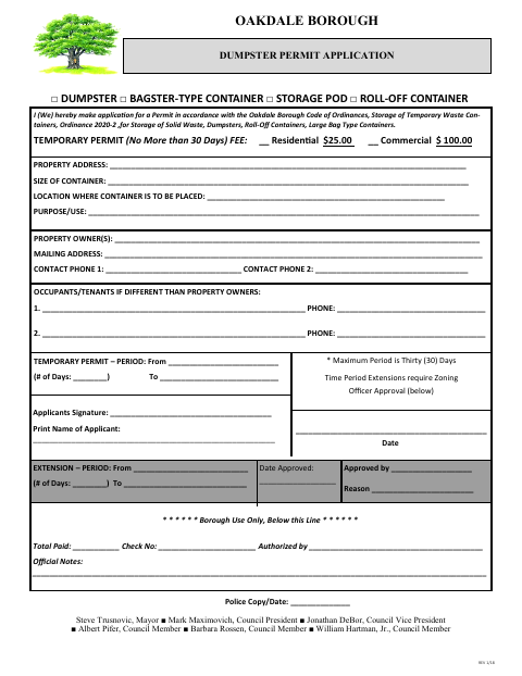 First page of the Dumpster Permit Application