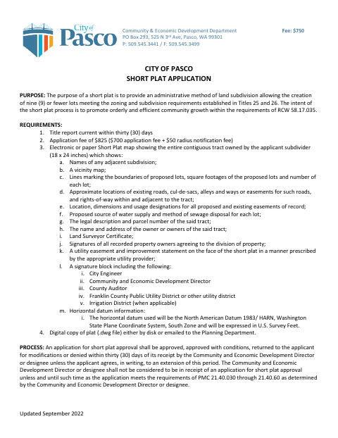 First page of the Short Plat Application
