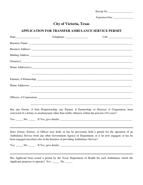 First page of the Application for Transfer Ambulance Service Permit