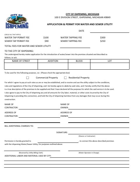 First page of the Application & Permit for Water and Sewer Utility