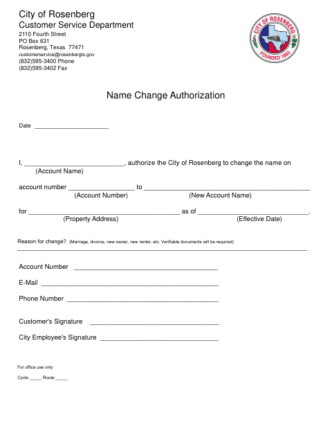 First page of the Name Change Authorization