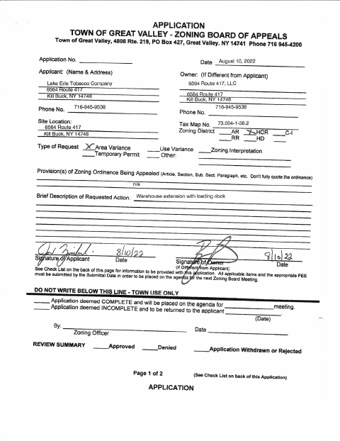First page of the Zoning Board of Appeals Variance Application Packet