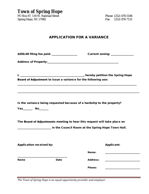 First page of the Application for a Variance