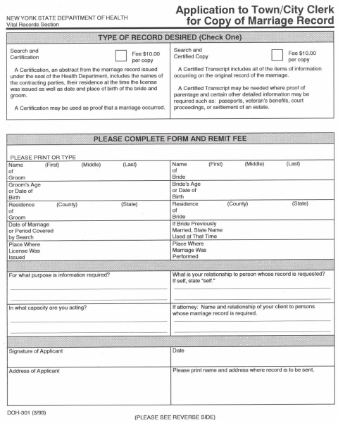 First page of the Copy of Marriage Record Request