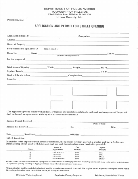 First page of the Street Opening Permit Application