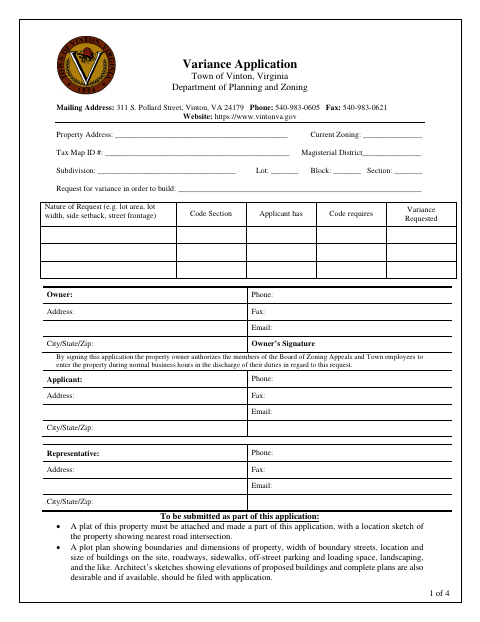 First page of the Variance Application