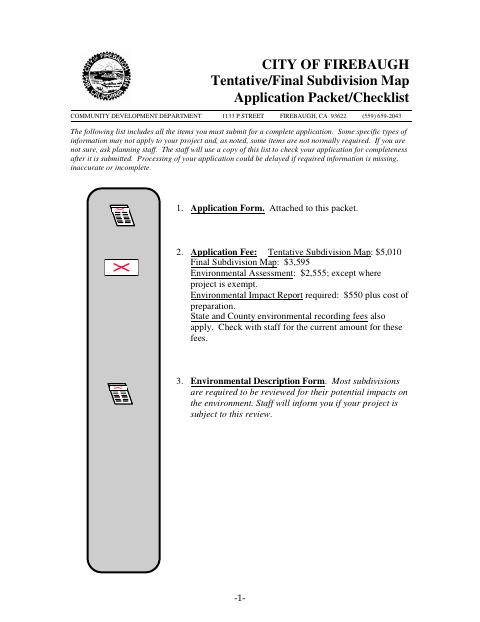 First page of the Tentative/Final Subdivision Map Application Packet and Checklist