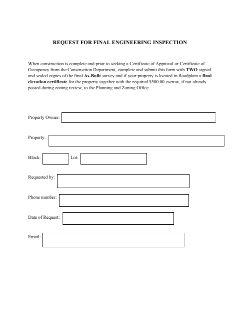 First page of the Request for Final Engineering Inspection