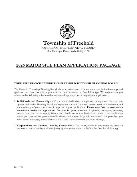 First page of the Major Site Plan Application Package