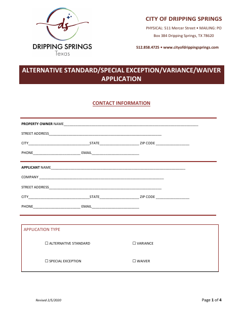 First page of the Alternative Standard, Special Exception, Variance, or Waiver Application