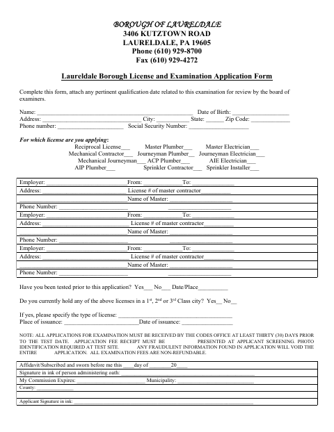 First page of the Trades License and Examination Application