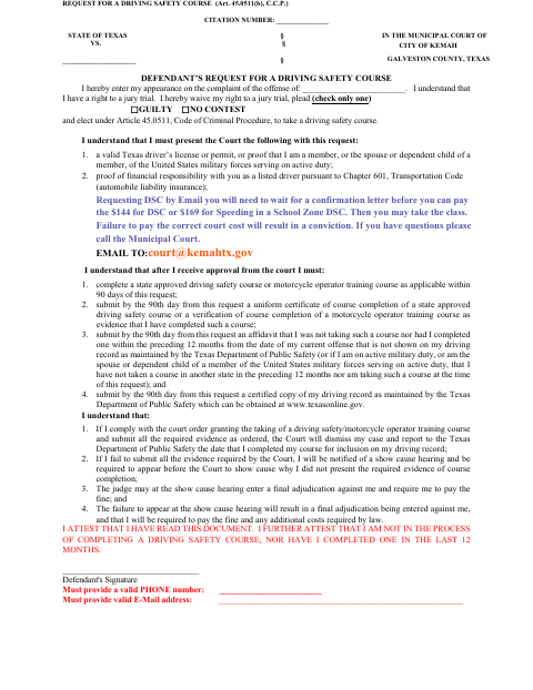 First page of the Defendant’s Request for a Driving Safety Course
