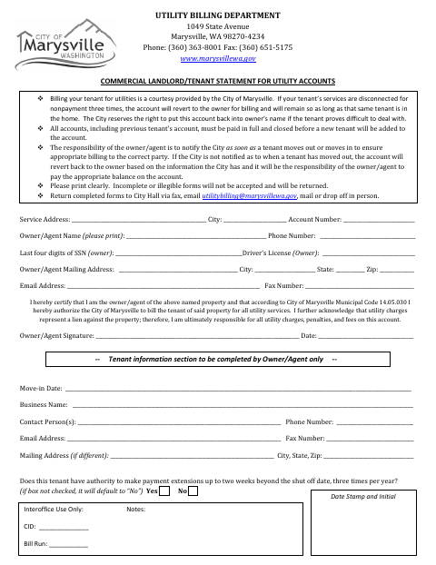 First page of the Commercial Landlord/Tenant Statement for Utility Accounts