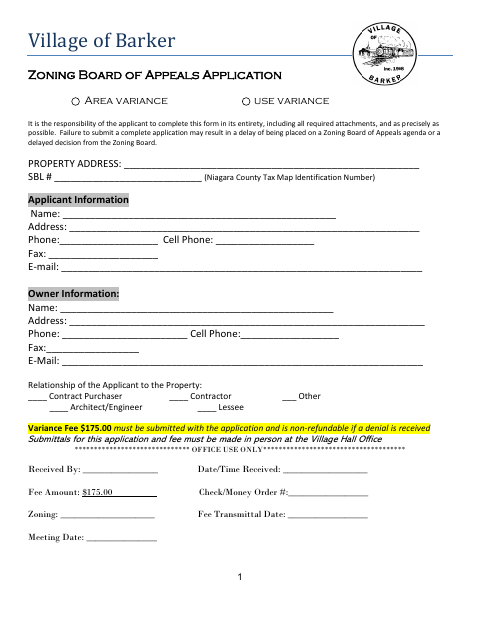 First page of the Zoning Board of Appeals Application