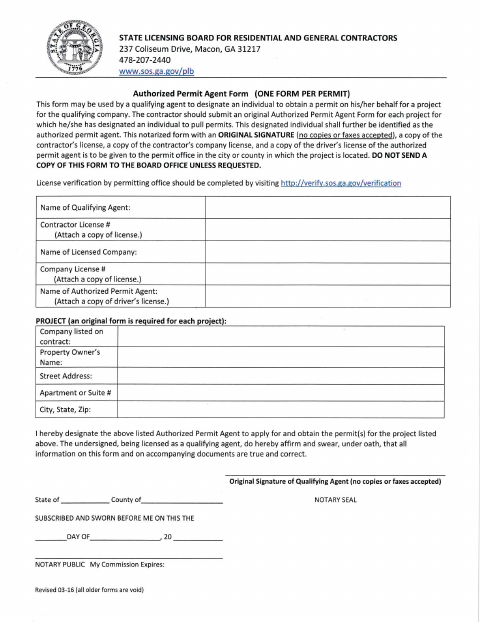 First page of the Authorized Permit Agent Form