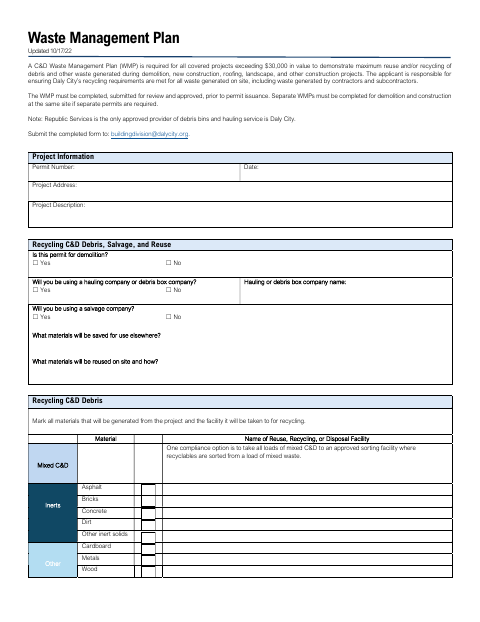 First page of the Construction and Demolition Waste Management Plan