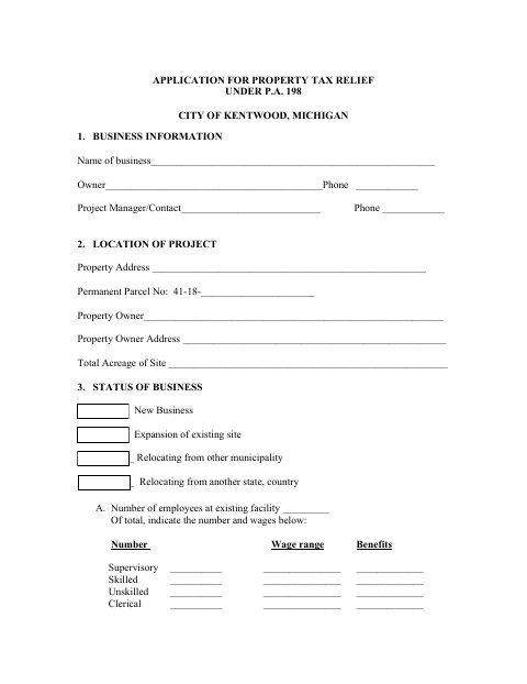 First page of the Application for Property Tax Relief Under P.A. 198