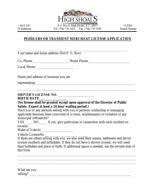 First page of the Peddlers or Transient Merchant License Application