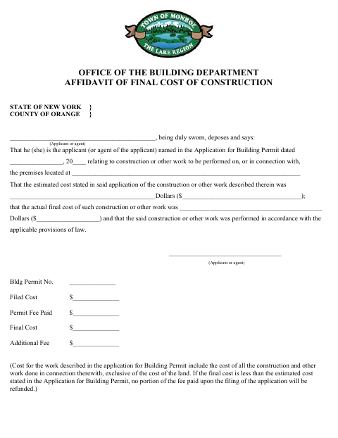 First page of the Affidavit of Final Cost of Construction