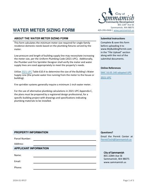 First page of the Water Meter Sizing Form