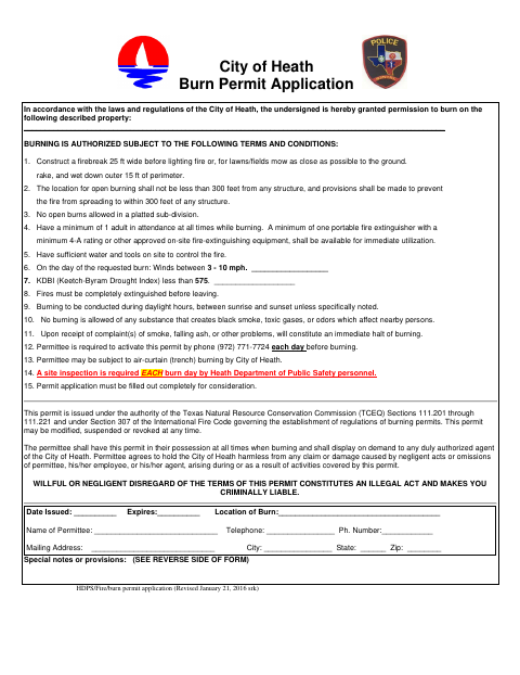First page of the Burn Permit Application