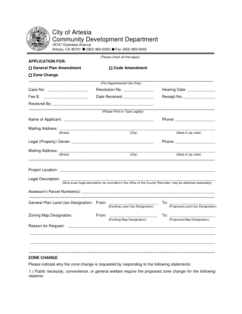 First page of the General Plan Amendment and Zone Change Application