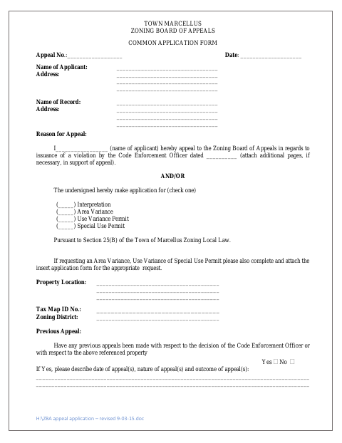 First page of the Zoning Board of Appeals Common Application