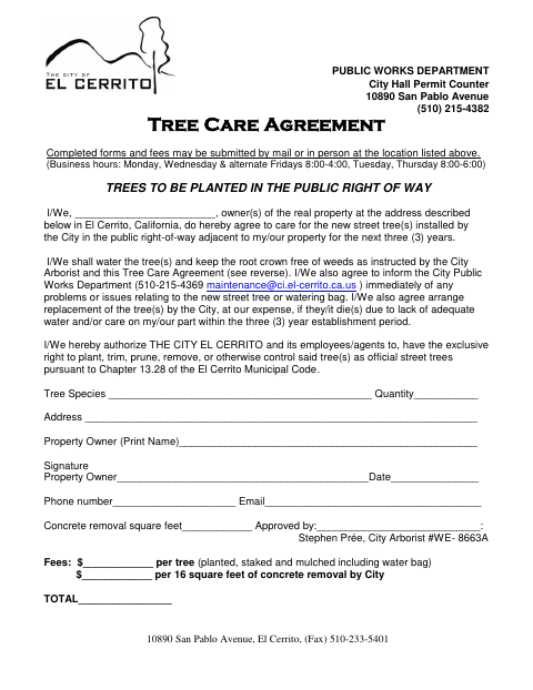 First page of the Tree Care Agreement