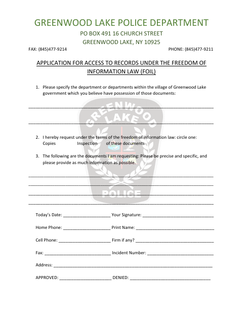 First page of the Application for Access to Records Under the Freedom of Information Law