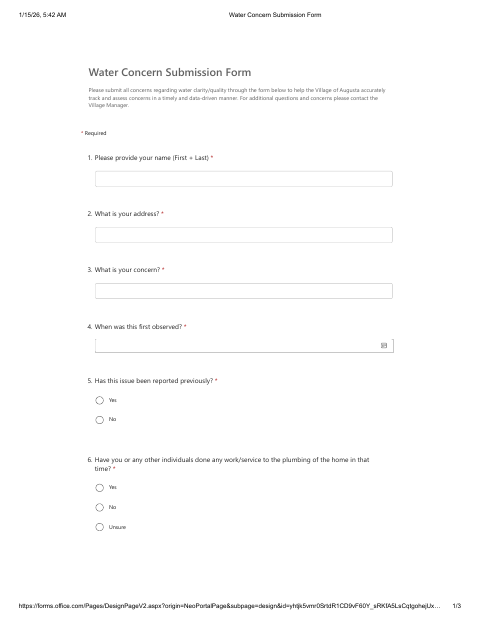 First page of the Water Concern Submission Form