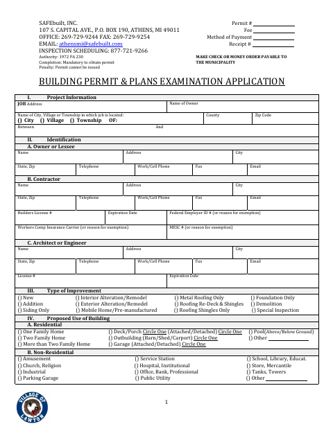 First page of the Building Permit & Plans Examination Application