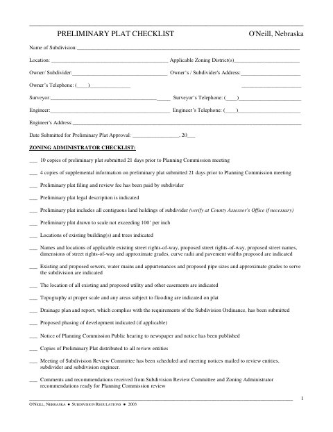 First page of the Subdivision Plat Checklist