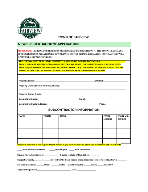First page of the Residential New Home Construction Permit Application