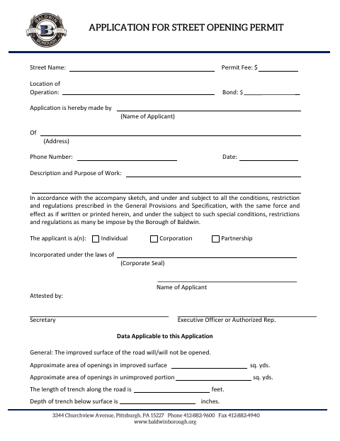 First page of the Street Opening Permit Application