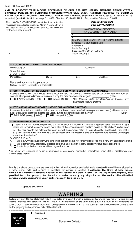 First page of the Annual Post-Tax Year Income Statement for Property Tax Deduction